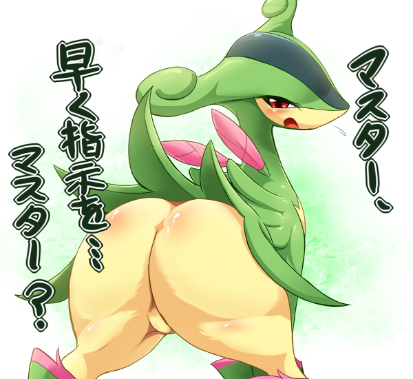 ambiguous_gender big_butt blush butt e621 feral generation_5_pokemon japanese_text legendary_pokemon looking_at_viewer looking_back master nintendo open_mouth ownership pokemon pokemon_(species) rear_view red_eyes simple_background solo text translated ukan_muri virizion white_background