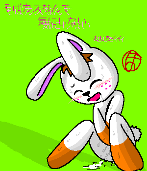 ambiguous_gender anthro blush bodily_fluids e621 eyes_closed lagomorph leporid low_res mammal masturbation open_mouth rabbit sitting solo sweat unknown_artist