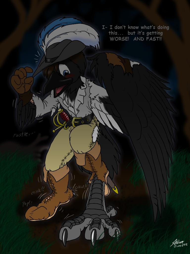2012 3:4 4_toes anisodactyl anthro avian avian_feet beak bird boots bottomwear catmonkshiro claws clothing corvid detailed_background e621 english_text eurasian_magpie feathered_wings feathers feet footwear forest gloves grass handwear hat headgear headwear holarctic_magpie magpie_(corvid) male melee_weapon oscine outside pants passerine plant scales shirt shoes solo sword text toes topwear torn_clothing transformation tree weapon wings wood