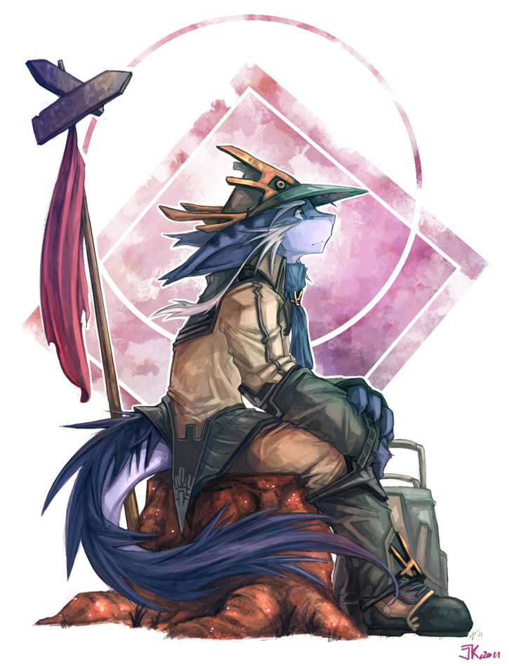 boots clothing e621 footwear hat headgear headwear kuron looking_up male shoes sitting sitting_on_stump solo tail tree_stump unknown_species