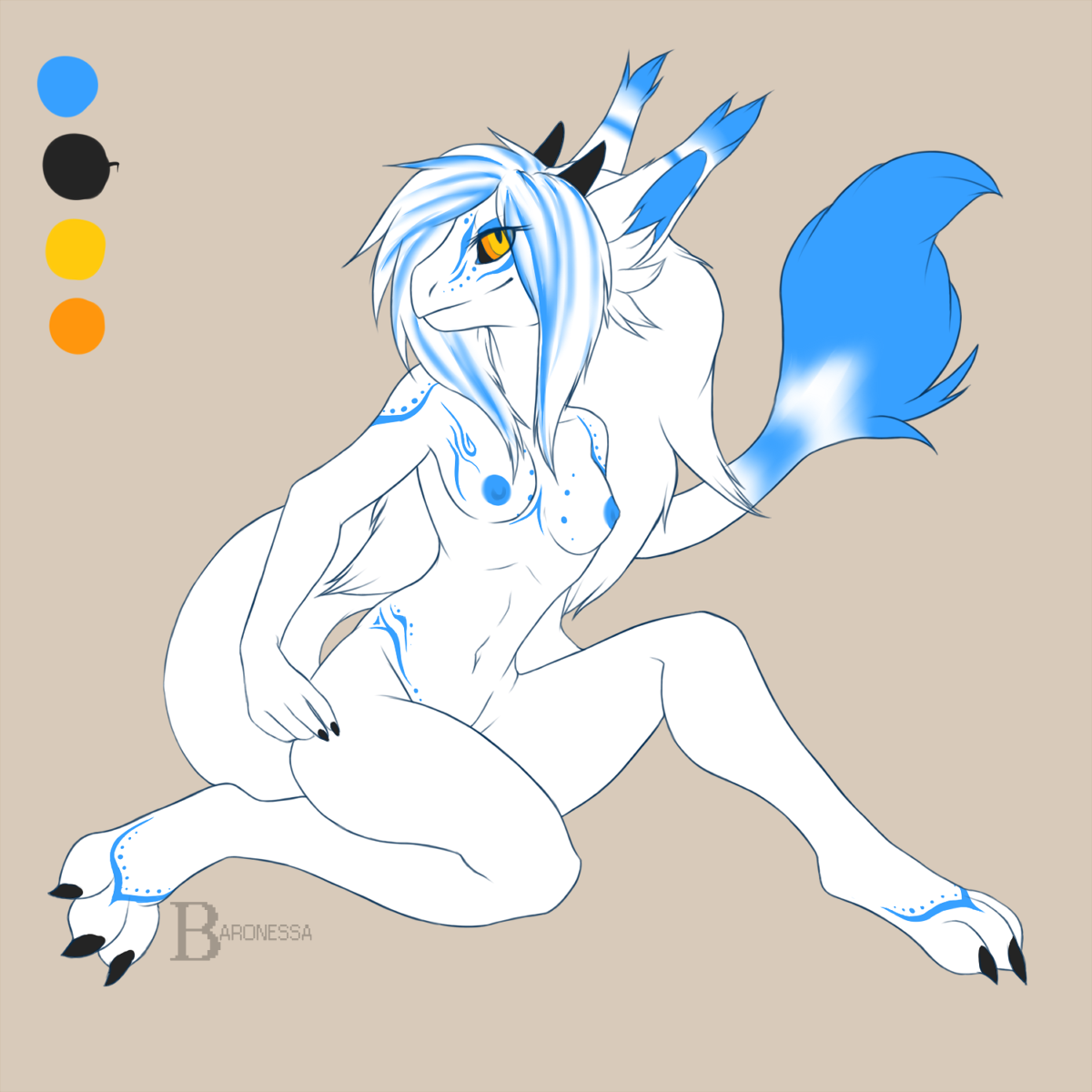 1:1 2014 3_toes 5_fingers anthro biped black_nails blue_body blue_fur blue_hair breasts claws colored_nails dragon e621 feet female fingers full-length_portrait fur hair hi_res horn long_hair looking_at_viewer markings multicolored_hair mythological_creature mythological_scalie mythology nails nipples non-mammal_breasts non-mammal_nipples nude orange_eyes pasteldawg portrait scalie simple_background sitting smile solo tail toes white_body white_fur white_hair