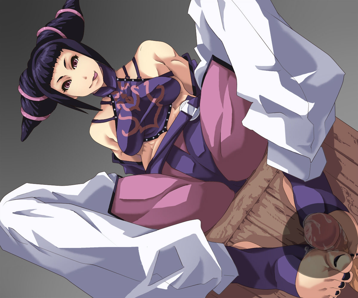 black_hair brown_eyes feet female footjob human juri_han male mikanbako penis perspective rule34 spread_legs straight street_fighter tongue