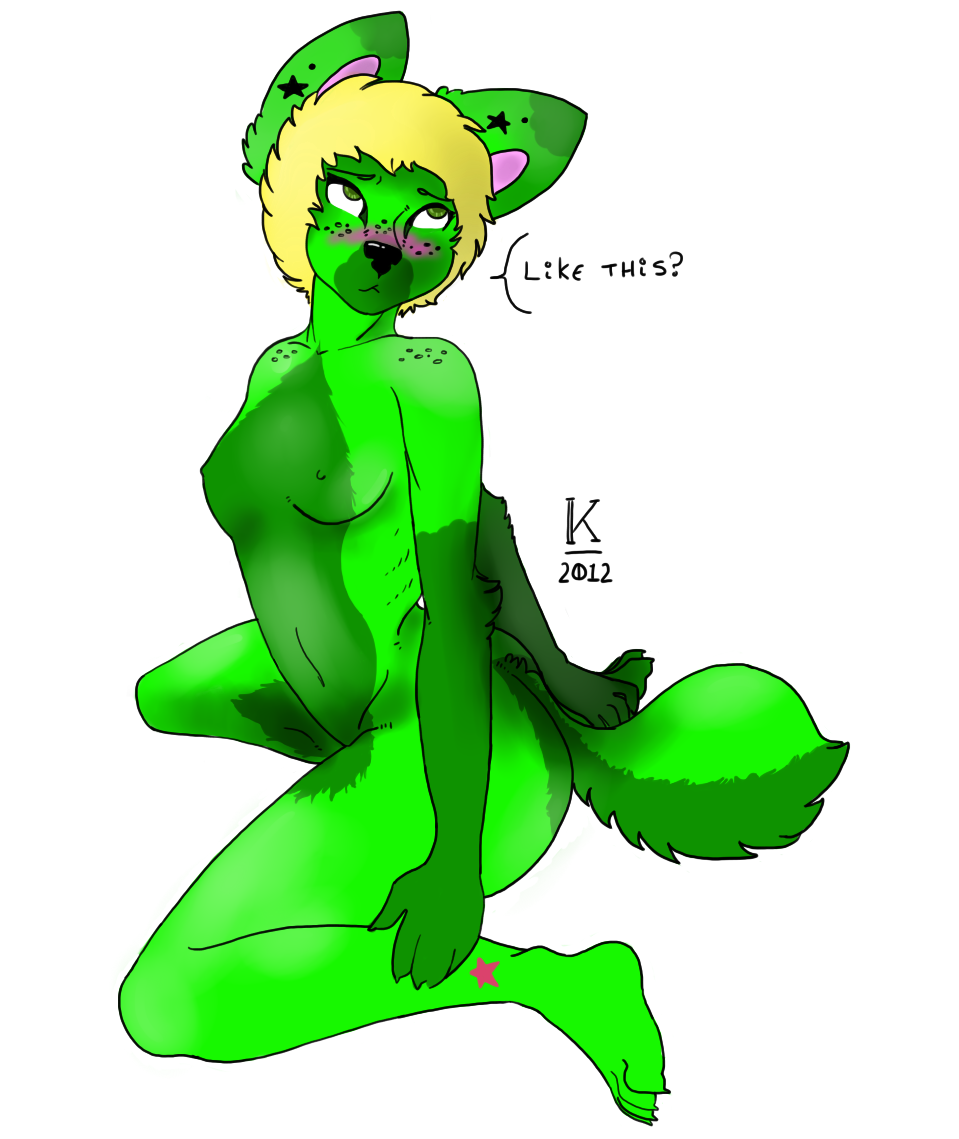 anthro biped blonde_hair blush breasts butt canid canine dialogue e621 english_text evergreen_(rickyachallis) female fox freckles fur green_body green_eyes green_fur hair kneeling mammal romnio shy solo star tail text