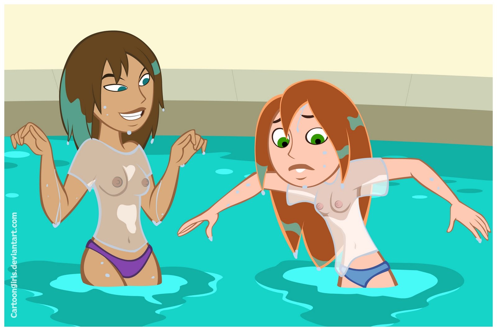 2girls bonnie_rockwaller brown_hair cartoongirls disney disney_channel female female_only ginger green_eyes human kim_possible kimberly_ann_possible light-skinned_female light_skin multiple_females multiple_girls nipples rule34 straight_hair tagme tan-skinned_female teal_eyes wet_t-shirt white_female