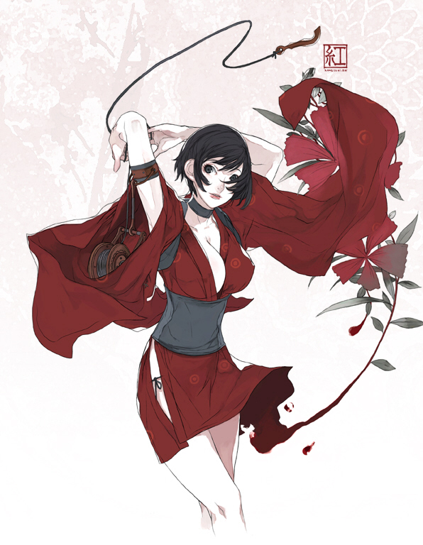 breast_slip breasts brown_hair choker d.k duplicate female japanese_clothes kimono kunoichi kurenai_(red_ninja) official_art pale_skin pointy_chin red_ninja red_ninja_end_of_honor rule34 short_hair weapon