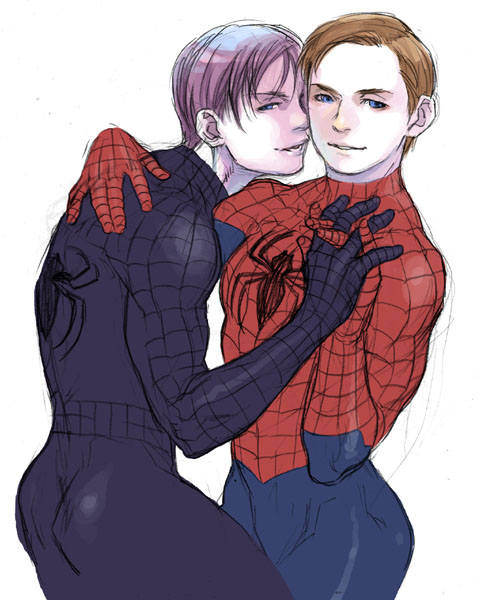 2boys arm_over_shoulder ass blue_eyes brown_hair clothed clothed_male facing_eachother gay holding_hands human human_only male male_only marvel marvel_comics peter_parker rule34 silver_hair spider-man spider-man_(series) straight_hair thick_ass thick_thighs tight_clothing tobey_maguire white_background yaoi