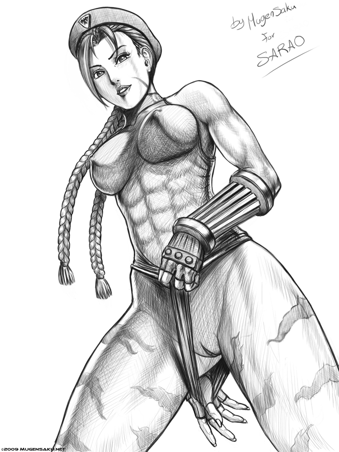 1girls 2009 abs beret braid breasts cammy_white capcom english_text female female_only human monochrome mugensaku nipples pussy rule34 smile solo solo_female straight_hair street_fighter text