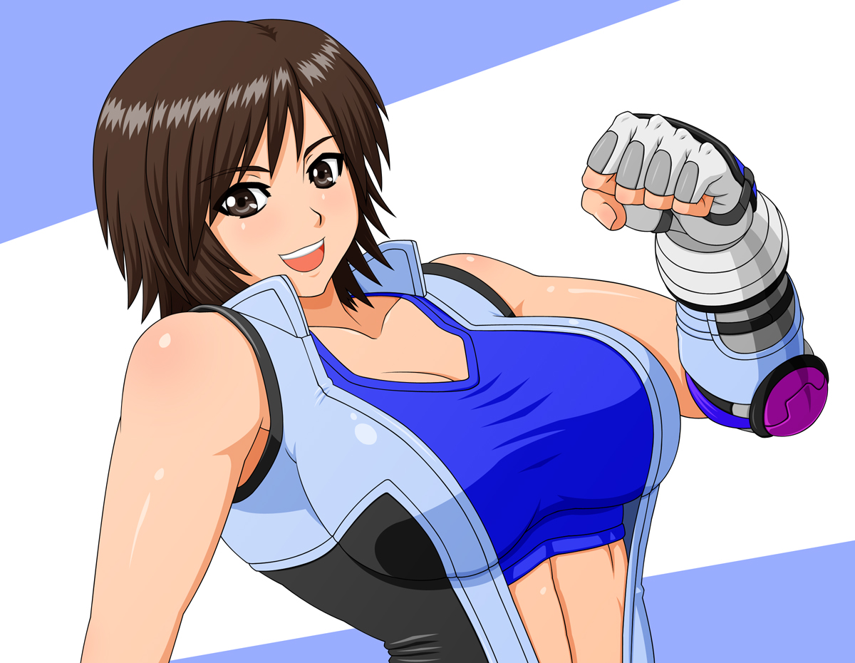 blue_crop_top breasts brown_eyes brown_hair cleavage crop_top elbow_pads female female_only fingerless_gloves gloves human kazama_asuka large_breasts makani_kohitujito namco pointy_chin rule34 short_hair smile solo tekken tekken_5_dark_resurrection