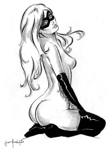 arredondo black_cat_(marvel) breasts felicia_hardy female female_only human marvel marvel_comics mask monochrome mostly_nude rule34 side_view sitting solo spider-man_(series)