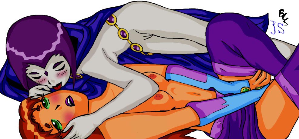 2girls alternate_breast_size bcs breasts dc dc_comics female female_only koriand'r lowres multiple_females multiple_girls rachel_roth raven_(dc) rule34 signature starfire straight_hair teen_titans text yuri