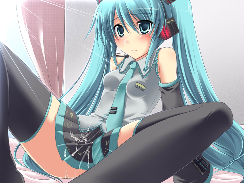 1girl aqua_eyes aqua_hair blush cum cum_on_clothes detached_sleeves female hatsune_miku headset legs long_hair miniskirt nagami_yuu necktie rule34 sitting skirt solo spread_legs thighhighs tied_hair twintails very_long_hair vocaloid
