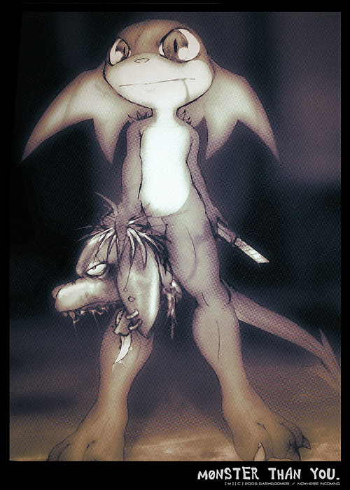 anthro bandai_namco battle blood bodily_fluids box_cutter darkdoomer digimon digimon_(species) duo e621 gore knife male nude patachu patamon severed_body_part severed_head tail