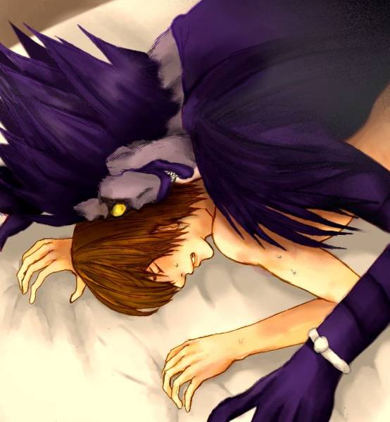 2boys artist_request brown_hair closed_eyes death_note gay humansub interspecies light_yagami male male_only male_penetrated monster_boy multiple_boys multiple_males purple_hair rule34 ryuk shinigami yaoi yellow_eyes