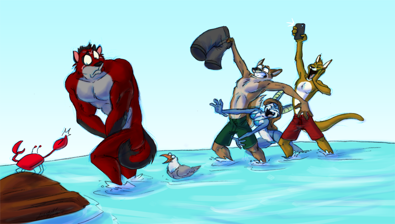 amonomega amonomega_(character) anthro anubian_jackal aquatic arthropod assisted_exposure avian beach bikini bird breasts brown_body brown_fur camera canid canine canis cherushi_(character) cleavage clothed clothing clothing_pull clothing_theft cloud covering covering_crotch covering_self crab crustacean decapod detailed_background domestic_cat e621 embarrassed embarrassing_nudity felid feline felis female feral fur group gull hybrid jackal kangaroo lari larid macropod malacostracan male mammal marsupial muscular nude outdoor_nudity outside pantsing partially_submerged red_body red_fur scar sea seaside serval sky stealing sudden_nudity swimming_trunks swimwear swimwear_removed swimwear_theft tail tight_clothing topless two-piece_swimsuit water wolf