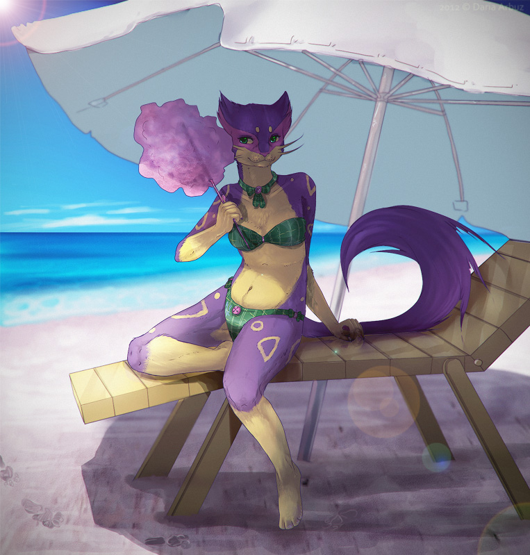 anthro beach beach_umbrella bikini bikini_bottom bikini_top breasts button_bikini button_swimwear candy clothed clothing cloud cotton_candy daria_arbuz dessert e621 felid female food generation_5_pokemon green_bikini_bottom green_bikini_top green_clothing green_swimwear liepard looking_at_viewer mammal navel nintendo outside parasol pokemon pokemon_(species) pokemorph seaside skimpy sky solo strapless_bikini strapless_clothing strapless_swimwear swimwear tail two-piece_swimsuit