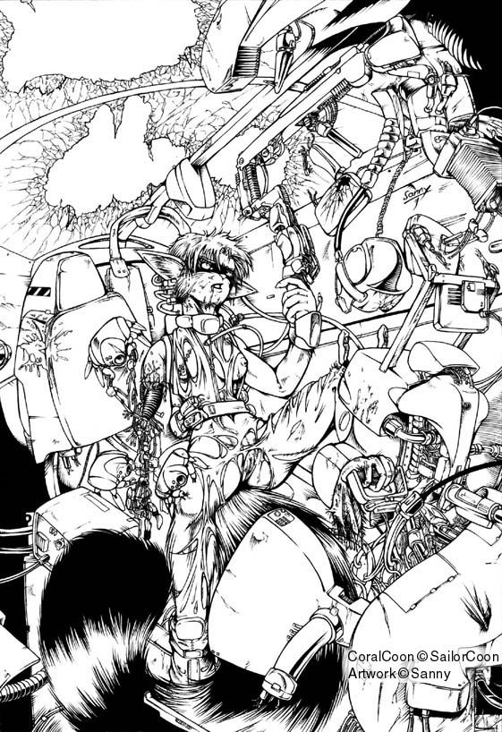 1_artificial_limb anthro arm_by_side arm_wound bent_arm bent_leg black_and_white breasts clothing cybernetics cyborg e621 female genitals machine mammal markings mecha medium_breasts monochrome nude procyonid raccoon raised_hand raised_leg ring_(marking) ringed_tail robotic_arm sanny science_fiction severe_wound solo straddling straight_arm straight_leg striped_markings striped_tail stripes tail tail_markings technophilia torn_clothing vulva wounded