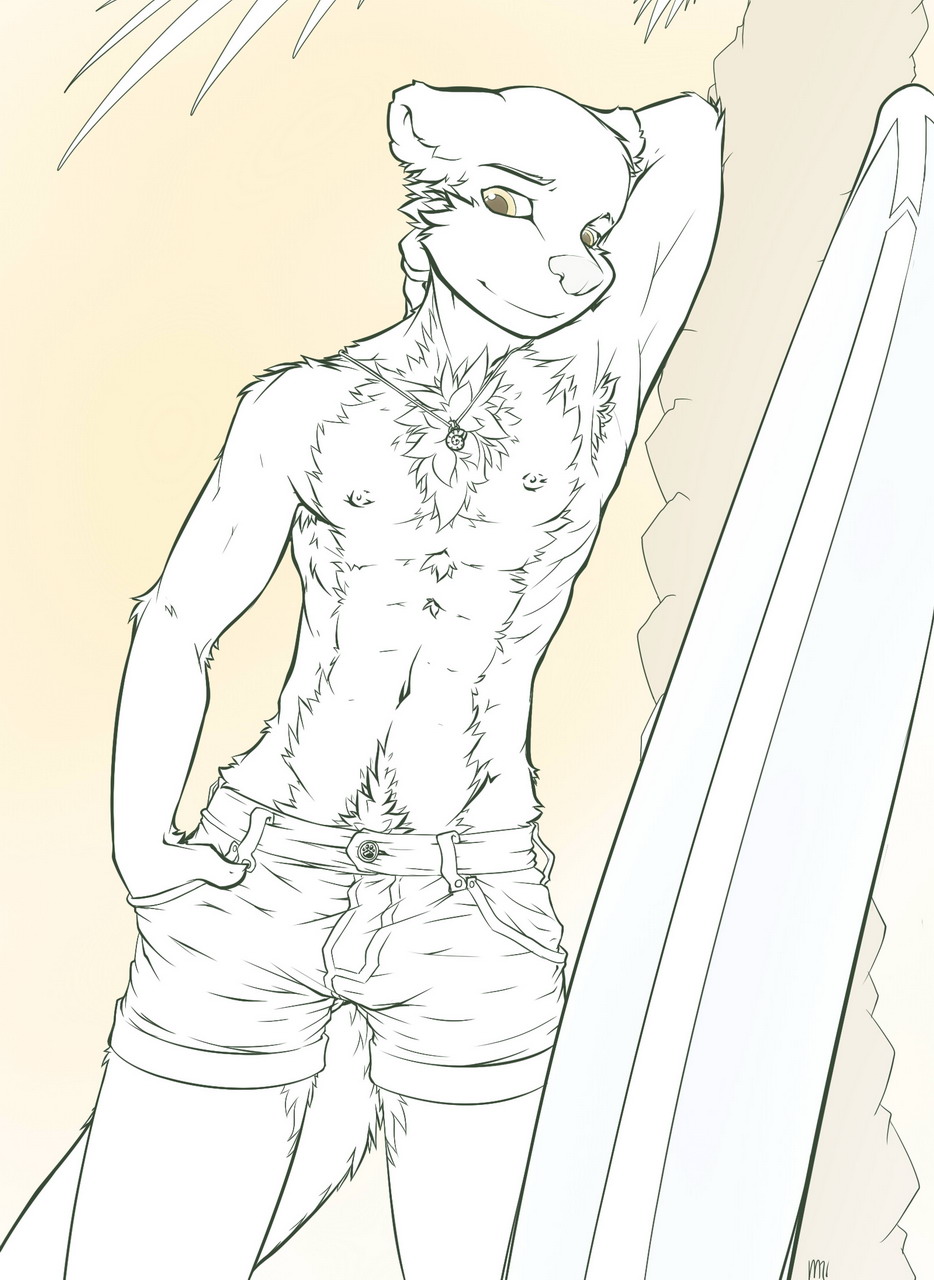 abs addickted anthro armpit_hair biceps body_hair bottomwear bulge chest_tuft clothed clothing e621 fur hi_res jewelry line_art looking_at_viewer male mammal muscular muscular_male mustelid necklace nipples otter pubes shorts simple_background smile solo surfboard tail tan_background topless tuft vehicle watercraft
