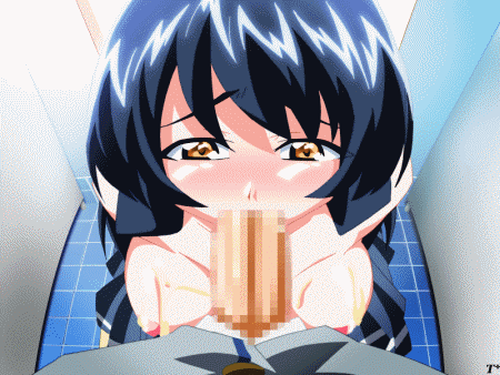 animated bathroom blush breasts censored cum cum_on_body cum_on_breasts cum_on_upper_body fellatio female long_hair lowres mahotama mako_(mahotama) oral restroom_stall rule34 skirt topless yellow_eyes