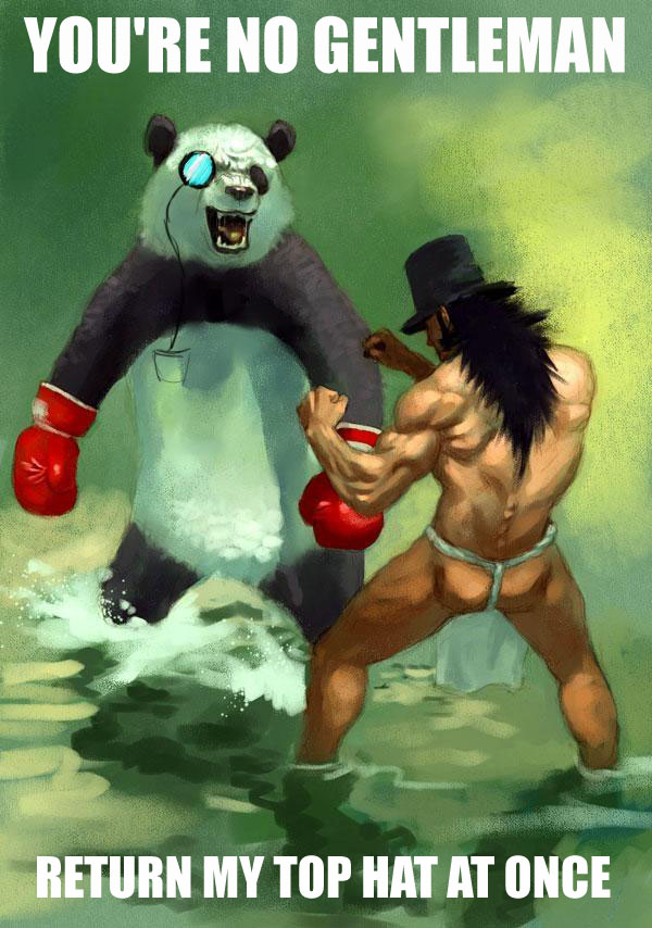 anthro asian_clothing bear black_hair boxing_gloves butt clothed clothing duo e621 east_asian_clothing english_text eyewear fight fundoshi gaping_mouth giant_panda hair handwear hat headgear headwear human japanese_clothing male mammal meme monocle muscular open_mouth terribly_british text topless underwear unknown_artist