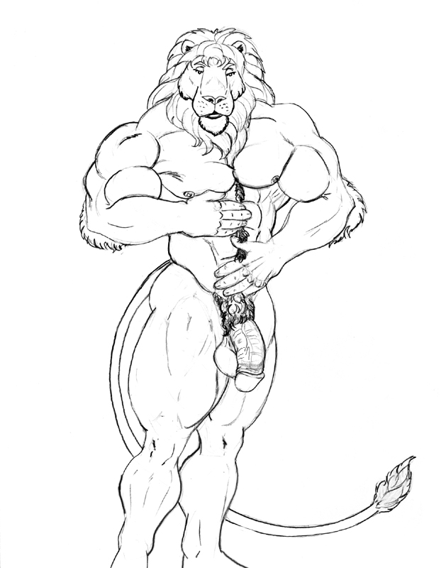 anthro black_and_white circumcised circumcision_scar e621 felid flaccid genital_scar genitals humanoid_genitalia humanoid_penis lion male mammal monochrome muscular muscular_anthro muscular_male pantherine penis scar solo sudonym tail