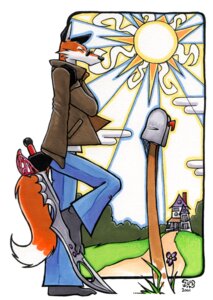 Rating: Safe Score: 0 Tags: 2001 anthro bottomwear building canid canine chris_goodwin clothed clothing detailed_background dipstick_tail e621 eyewear foreshortening fox fully_clothed holding_melee_weapon holding_object holding_sword holding_weapon house mailbox male mammal marker_(artwork) markings melee_weapon mixed_media pants pen_(artwork) solo sun sunglasses sword tail tail_markings traditional_media_(artwork) weapon zork User: bunchy7s