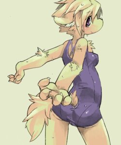 Rating: Questionable Score: 0 Tags: 4_fingers 5:6 anthro biped bodily_fluids breasts canid canine clothed clothing e621 female fingers fur kemono looking_at_viewer looking_back mammal medium_breasts one-piece_swimsuit pizademokttero purple_eyes school_swimsuit simple_background solo standing stretching sweat swimwear tail white_background yellow_body yellow_fur User: bunchy7s