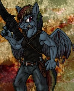 Rating: Safe Score: 0 Tags: ammunition anthro anthrofied bandolier blood blue_body blue_feathers blue_fur bodily_fluids crossover e621 equid equine feathered_wings feathers female friendship_is_magic fur gun hair hasbro knife m60 machine_gun mammal multicolored_hair my_little_pony mythological_creature mythological_equine mythology parody pegasus pink_eyes rainbow_dash_(mlp) rainbow_hair rambo ranged_weapon simple_background solo tail toony unknown_artist weapon wings User: bunchy7s