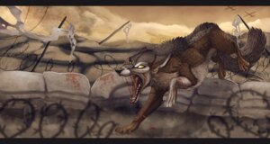 Rating: Safe Score: 0 Tags: barbed_wire battlefield black_nose blood bodily_fluids brown_body brown_fur canid canine canis e621 female feral fur mammal megagrin open_mouth sandbag solo teeth tongue war white_body white_fur wolf yellow_eyes User: bunchy7s