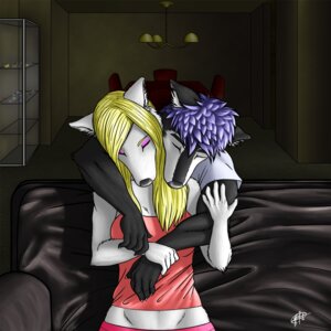 Rating: Safe Score: 0 Tags: 1:1 anthro canid canine canis clothed clothing detailed_background duo e621 eyes_closed female foxywolf furniture hug inside love male mammal romantic romantic_couple sofa wolf User: bunchy7s