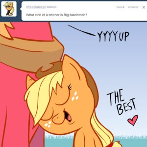 Rating: Safe Score: 0 Tags: 1:1 applejack_(mlp) ask_blog ask_jappleack asking big_macintosh_(mlp) blonde_hair brother_(lore) brother_and_sister_(lore) clothing daww dialogue duo e621 earth_pony english_text equid equine eyelashes eyes_closed female feral freckles friendship_is_magic grass green_eyes hair hasbro hat headgear headwear heart_symbol horse hotdiggedydemon mammal my_little_pony open_mouth orange_hair outside plant plow_yoke pony ponytail sibling_(lore) sister_(lore) sky text tongue toony tumblr user_message username User: bunchy7s