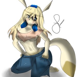 Rating: Questionable Score: 0 Tags: 1:1 absurd_res blonde_hair blue_eyes blush bottomwear breasts clothed clothing e621 female hair hi_res long_hair midriff navel pants simple_background skimpy solo tail under_boob white_background xxfelxx User: bunchy7s