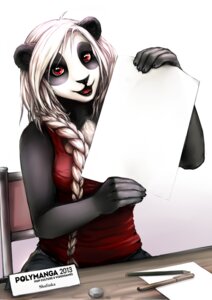 Rating: Safe Score: 0 Tags: 2012 advertisement anthro bear black_body black_fur clothing e621 english_text eraser female fur giant_panda hair long_hair mammal oh_exploitable open_mouth paper pen pencil_(object) red_clothing red_eyes red_shirt red_topwear shalinka shalinka_(character) shirt sitting solo teeth text tongue topwear white_body white_fur white_hair User: bunchy7s
