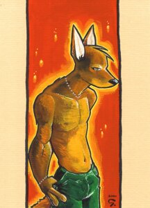 Rating: Safe Score: 0 Tags: 2001 anthro black_nose brown_body brown_fur canid canine canis chris_goodwin clothed clothing dingo e621 fur jewelry male mammal necklace orange_eyes pockets solo thumb_in_pocket topless User: bunchy7s