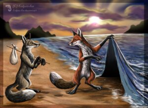 Rating: Safe Score: 0 Tags: 2009 ambiguous_gender beach canid canine cloud culpeofox detailed_background duo e621 feral fox mammal outside sand sea seaside shore sky sunrise surrealism tail water what User: bunchy7s