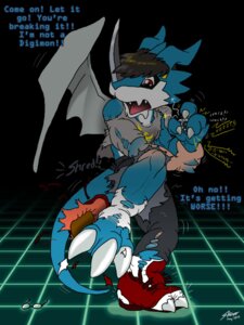 Rating: Safe Score: 0 Tags: 2012 3:4 anthro bandai_namco biped blue_body blue_skin bottomwear catmonkshiro claws cloth clothing countershading digimon digimon_(species) digital_media_(artwork) digivice dragon e621 exveemon eyewear footwear glasses horn legwear male membrane_(anatomy) membranous_wings mythological_creature mythological_scalie mythology pants rip scalie shirt shoes socks solo tail topwear torn_clothing transformation wings User: bunchy7s