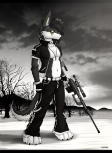 Rating: Safe Score: 0 Tags: 2012 4_toes 5_fingers anthro barefoot belly biped black_body black_fur black_nose bottomwear canid canine cheytac_intervention claws clothed clothing cloud collar cross cross_necklace day dead_tree e621 feet fingerless_gloves fingers fist fur gloves gun hair handwear hi_res holding_gun holding_object holding_ranged_weapon holding_weapon jacket jewelry male mammal navel necklace nyrumx nyrumx_(character) open_clothing outside pants partially_clothed plant ranged_weapon rifle short_hair sniper solo spot_color standing toes topwear tree weapon white_belly white_body white_fur User: bunchy7s