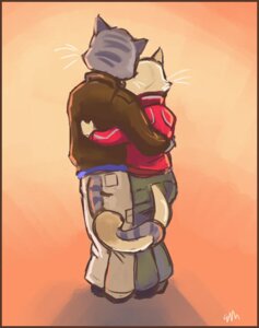 Rating: Safe Score: 0 Tags: anthro bottomwear cargo_pants clothed clothing dingbat dipstick_tail domestic_cat duo e621 felid feline felis female fully_clothed fur grey_body grey_fur jacket male mammal markings multicolored_tail pants rear_view romantic romantic_couple simple_background standing stripes tail tail_markings tan_body tan_fur topwear whiskers User: bunchy7s