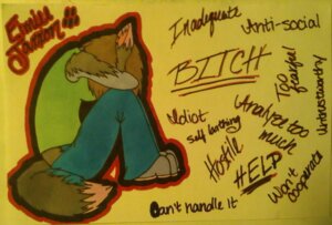 Rating: Safe Score: 0 Tags: anthro brown_hair bullying canid canine clothed clothing e621 eimiee eimieejaxxon english_text female hair hybrid mammal sexist_slur slur solo tail text traditional_media_(artwork) User: bunchy7s