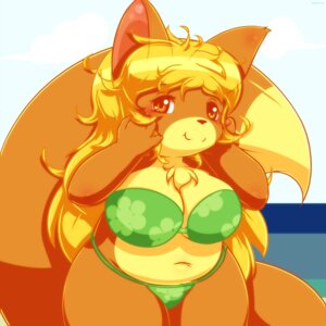 Rating: Questionable Score: 0 Tags: 1:1 2014 5_fingers absurd_res anthro big_ears big_tail bikini biped blonde_hair blush brown_body brown_eyes brown_fur brown_nose canid canine chest_tuft clothing e621 female fingers fox fur hair hi_res long_hair looking_at_viewer mammal maverick outside saffron_(maverick) slightly_chubby smile solo standing swimwear tail tuft two-piece_swimsuit water User: bunchy7s
