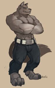Rating: Safe Score: 0 Tags: abs ano anthro athletic belt biceps big_muscles biped blue_eyes bottomwear brown_background brown_nose bulge canid canine canis claws clothed clothing crossed_arms e621 fangs fur grey_body grey_fur grin looking_at_viewer male mammal muscular muscular_anthro muscular_male pants pecs pose redic-nomad simple_background smile solo standing tail teeth toe_claws topless vein wolf User: bunchy7s