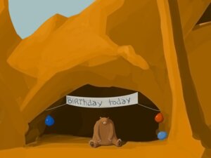 Rating: Safe Score: 0 Tags: 4:3 ambiguous_gender balloon banner bear birthday birthday_party black_eyes black_nose brown_body brown_fur cave e621 english_text feral fur inflatable mammal nedroid outside overweight overweight_ambiguous overweight_feral party sad sitting solo text wallpaper warm_colors User: bunchy7s