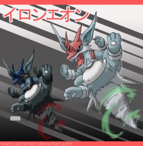 Rating: Safe Score: 0 Tags: ambiguous_gender black_body black_fur blue_body blue_fur cachomon drill duo e621 english_text fakemon fakeveelution fur green_eyes horn ironeon japanese_text low_res nintendo open_mouth pokemon pokemon_(species) shiny_fakemon teeth text translated white_body white_fur User: bunchy7s