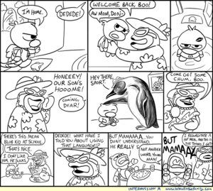 Rating: Safe Score: 0 Tags: anthro avian bird black_and_white brawl_in_the_family comic dialogue e621 english_text father_(lore) female feral group king_dedede kirby_(series) male matthew_taranto monochrome mother_(lore) nintendo parent_(lore) penguin simple_background text white_background User: bunchy7s