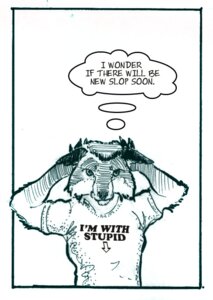 Rating: Safe Score: 0 Tags: anthro biped border canid canine claws clothed clothing comic dialogue e621 english_text fox fur hair hands_behind_head looking_at_viewer male mammal mulefoot paws shirt simple_background slop solo standing text thought_bubble topwear white_background white_border User: bunchy7s
