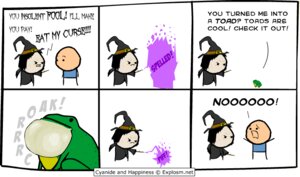 Rating: Safe Score: 0 Tags: amphibian bald black_hair clothing comic curse cyanide_and_happiness dialogue duo e621 english_text female frog hair hat headgear headwear human kris_wilson magic magic_user male mammal rob_denbleyker simple_background spell text toad_(frog) transformation wand white_background witch User: bunchy7s