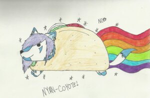 Rating: Safe Score: 0 Tags: 2011 ambiguous_gender canid canine canis coyote e621 feral food food_creature hair hi_res hybrid mammal meme nyan-coyote nyan_cat_(copyright) parody purple_hair rainbow rainbow_trail shempu simple_background solo sparkles taco tail traditional_media_(artwork) white_background User: bunchy7s