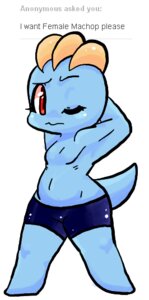 Rating: Questionable Score: 0 Tags: bottomwear clothed clothing e621 english_text eyelashes female flat_chested generation_1_pokemon hands_behind_head humanoid jigglybutts machop navel nintendo one_eye_closed pokemon pokemon_(species) red_eyes shorts solo tail text topless User: bunchy7s
