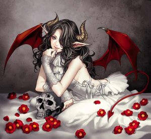 Rating: Safe Score: 0 Tags: alternative_fashion armwear bed black_hair blue_eyes bone clothing demon detached_sleeves digital_media_(artwork) digital_painting_(artwork) dimension_zero dress e621 female finger_to_mouth flower furniture goth hair hair_over_eye horn humanoid humanoid_pointy_ears j-fashion lips long_hair looking_at_viewer membrane_(anatomy) membranous_wings not_furry one_eye_obstructed painting_(artwork) plant pointy_ears skull solo spade_tail spread_wings tail visual_kei wings yuki_hayabusa User: bunchy7s