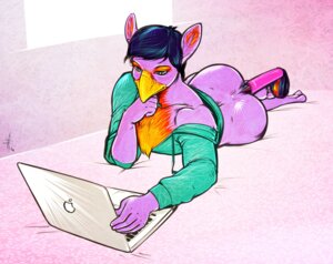 Rating: Questionable Score: 0 Tags: anthro avian beak bed biped body_hair bottomless butt chest_hair clothed clothing computer e621 ear_piercing electronics european_mythology falcon_mccooper_(character) femboy fur furniture greek_mythology hair hippogriff laptop lying male mythological_avian mythological_creature mythology on_bed on_side piercing pose purple_body purple_fur purplebirdman short_hair solo User: bunchy7s