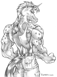 Rating: Safe Score: 0 Tags: 2006 anthro belt biceps big_muscles biped bottomwear clothed clothing dynotaku dynotaku_(character) e621 equid equine fist flexing furgonomics graphite_(artwork) greyscale horn looking_at_viewer looking_back male mammal mohawk monochrome muscular muscular_anthro muscular_male mythological_creature mythological_equine mythology pants portrait rear_view shirt simple_background smile solo standing tail tail_clothing tank_top three-quarter_portrait tight_clothing topless topwear traditional_media_(artwork) unicorn white_background User: bunchy7s